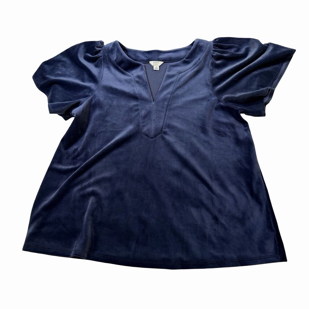 Crown & Ivy Blouse Women’s Size M Blue Peasant Velvet V-neck Short Sleeve